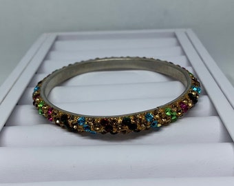 Sparkly Crystal Bangle Bracelet: Rainbow Rhinestone, Gold Tone (2.6 inches)