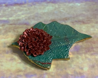 New one of a kind handmade clay leaf red flower incense holder favors home decor