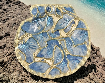 Real seashell decoupage trinket dish blue flower print jewelry change coins holder