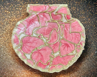 Real seashell decoupage trinket dish pink flower print jewelry change coins holder