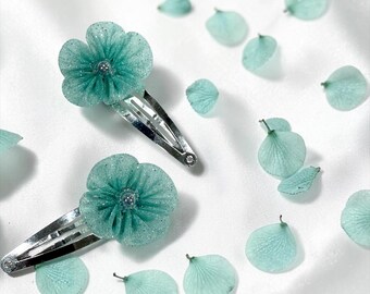2 set handmade sea foam green organza ribbon Japanese Kanzashi silver hair clips crystals