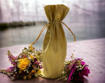 Gold Wine Bag handmade Banaras sari fabric self design brocade floral gift bag Hostess gift favors reusable