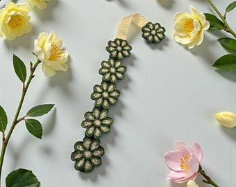 Handmade embroidered green and gold bookmark metallic thread
