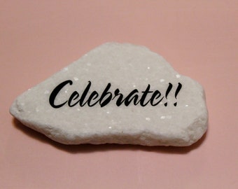 Celebrate... White smooth tumbled stone magnet sparkle..unique gift party wedding favors