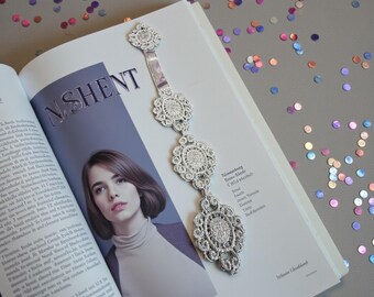 Handmade embroidered silver medallion bookmark metallic thread