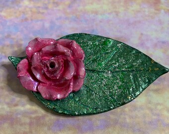 New one of a kind handmade clay green leaf silver foil pink rose flower incense holder favors home decor