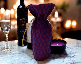 Handmade Banaras Sari Wine Bag - Purple Red Brocade Medallions
