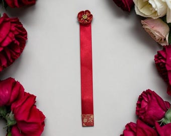 Handmade red satin ribbon bookmark with fabric brocade rounder Kanzashi Japanese flower kanzashi crystal