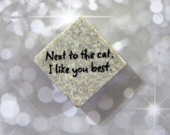 Next to the cat, I like you best..words..phrase..cat lover's...natural textured stone square magnet 1 1/2 x 1 1/2.. gift favors gray