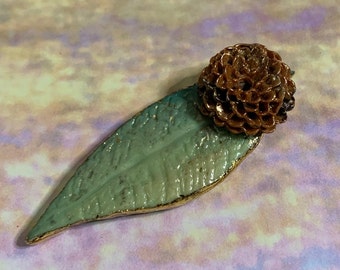 Handmade Clay Leaf Incense Holder, Copper Chrysanthemum, Gold Foil Decor