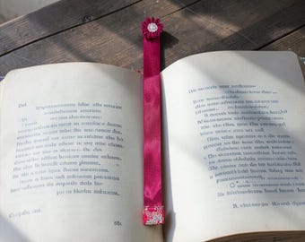 Handmade maroon satin ribbon bookmark with fabric brocade square satin flower Japanese Kanzashi crystals