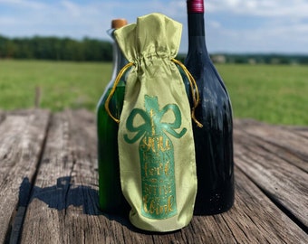 Hand Block Printed Wine Bag: Shimmery Green Metallic, "Love and Wine"