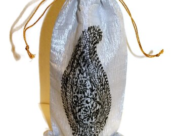 Wine bag shimmery silver crinkled fabric big black paisley gift bag Hostess gift favors block printed design reusable