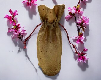 Handmade Gold Metallic Organza Wine Bag, Paisley Sari Border