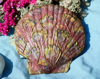Real seashell decoupage trinket dish pink marbled print jewelry change coins holder