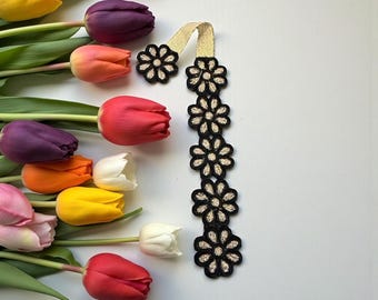 Handmade embroidered black andgold bookmark metallic thread