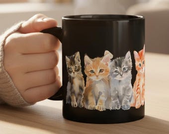 Ceramic Cat lover Black Mug 11oz / 15oz, Cute Cats Coffee Cup, Retro Boho Kitten Teacup, Animal Kitchenware, Pet Mom Tea Mugs, Gift for Her