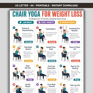 May include: A printable instructional poster titled Chair Yoga for Weight Loss featuring 15 beginner-friendly seated exercises. The chart displays numbered illustrations of a person in a teal tank top performing various movements on a chair.