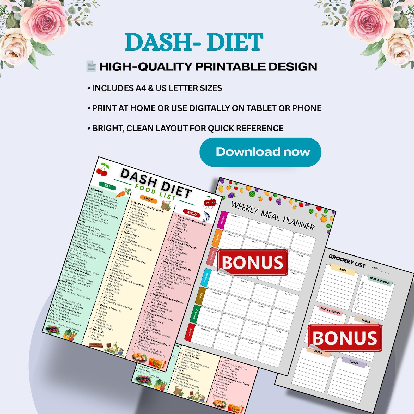 DASH Diet Food List Printable PDF, Dash Diet Meal Plan & Food Chart ...