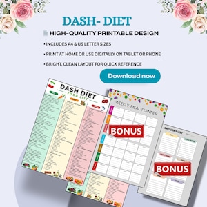 May include: A digital printable set for the DASH diet, featuring a food list, weekly meal planner, and grocery list. The design includes A4 and US letter sizes. The layout is bright and clean, with a 'Download now' button.