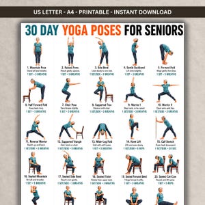 Puede incluir: Un gráfico imprimible 30 Day Yoga Poses for Seniors con veinte ilustraciones numeradas de una persona en varias posturas de yoga, incluyendo la postura de la montaña, guerrero I y torsión sentada, con instrucciones para cada ejercicio.