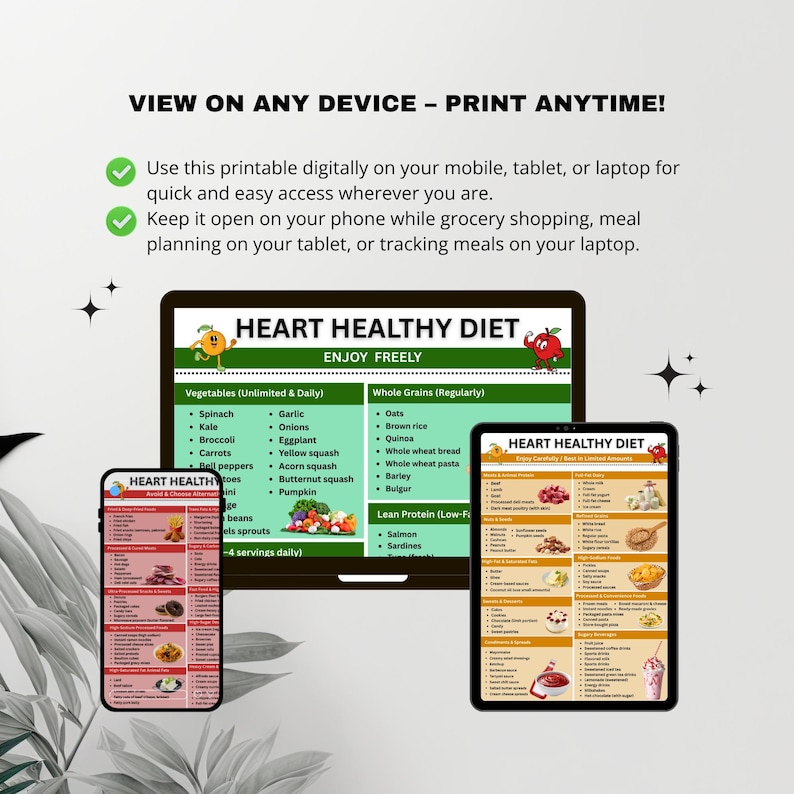 Heart healthy meal plan printable wall decor showing heart healthy snacks, healthy recipes, and cardiac diet guidance.
