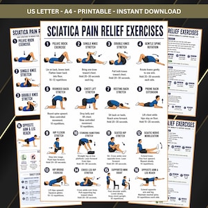 Könnte beinhalten: Ein druckbares digitales Plakat mit dem Titel Sciatica Pain Relief Exercises, das sechzehn nummerierte Illustrationen einer Person in blauer Kleidung bei verschiedenen Dehnübungen und Bewegungen mit Anleitungstext zeigt.