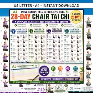 Può includere: Un grafico di esercizi di Tai Chi su sedia di 28 giorni per anziani, con un programma di fitness delicato. Il grafico include diagrammi di esercizi, un tracker dei progressi e consigli di sicurezza.