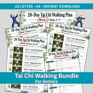 May include: A bundle of printable 28-Day Tai Chi Walking Plan guides for seniors. The guides include daily exercises, a progress tracker, and instructions. The design features illustrations of people practicing Tai Chi and bamboo.