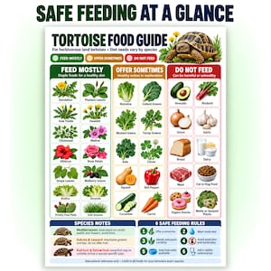 Puede incluir: Una guía de alimentación para tortugas titulada SAFE FEEDING AT A GLANCE. Presenta una cuadrícula codificada por colores que clasifica los alimentos, con ilustraciones de plantas, verduras y frutas, además de notas sobre las especies.