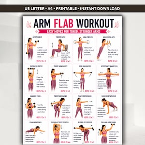 May include: A printable workout chart titled ARM FLAB WORKOUT featuring sixteen illustrated exercise steps for toned arms. Each section includes a figure demonstrating movements like bicep curls, tricep dips, and push-ups with text instructions and repetition counts.