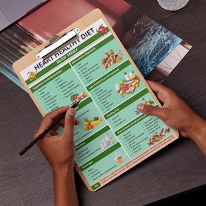 Puede incluir: Un portapapeles de madera contiene una gu&iacute;a impresa de "Dieta para un coraz&oacute;n sano". La gu&iacute;a enumera verduras, granos integrales, prote&iacute;nas magras, grasas saludables y nueces. Unas manos sostienen el portapapeles y un bol&iacute;grafo negro, se&ntilde;alando el texto.