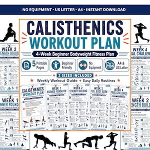 Könnte beinhalten: Ein Calisthenics-Trainingsplan mit einem 4-Wochen-Anfänger-Körpergewichts-Fitnessplan. Das Design enthält den Text "Calisthenics Workout Plan" in Blau und Weiß, mit Symbolen und Silhouetten von Menschen, die trainieren.