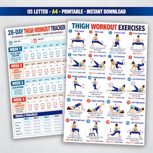 May include: A printable 28-day thigh workout tracker and exercise guide featuring 20 illustrated movements. The documents include weekly progress charts, daily checkboxes, and step-by-step instructions for exercises like squats, lunges, and bridges.