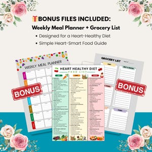 Digital heart healthy food list PDF including heart healthy meal plan grocery list and bonus planner files