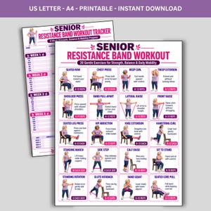 May include: A printable senior resistance band workout tracker and exercise guide featuring twenty illustrated movements with instructions and repetition counts. The document includes a four-week progress log, titled Senior Resistance Band Workout.