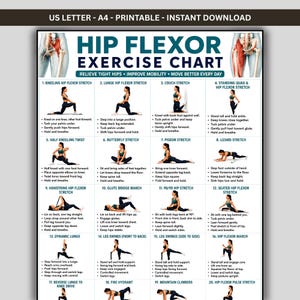 May include: A printable Hip Flexor Exercise Chart featuring twenty numbered illustrations of a person performing various stretches. The poster includes anatomical diagrams of the hip area and instructional text for each exercise to improve mobility.