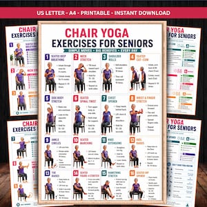 May include: A printable instructional poster titled Chair Yoga Exercises for Seniors featuring sixteen numbered illustrations of individuals performing various seated stretches and movements with descriptive text instructions for each exercise.