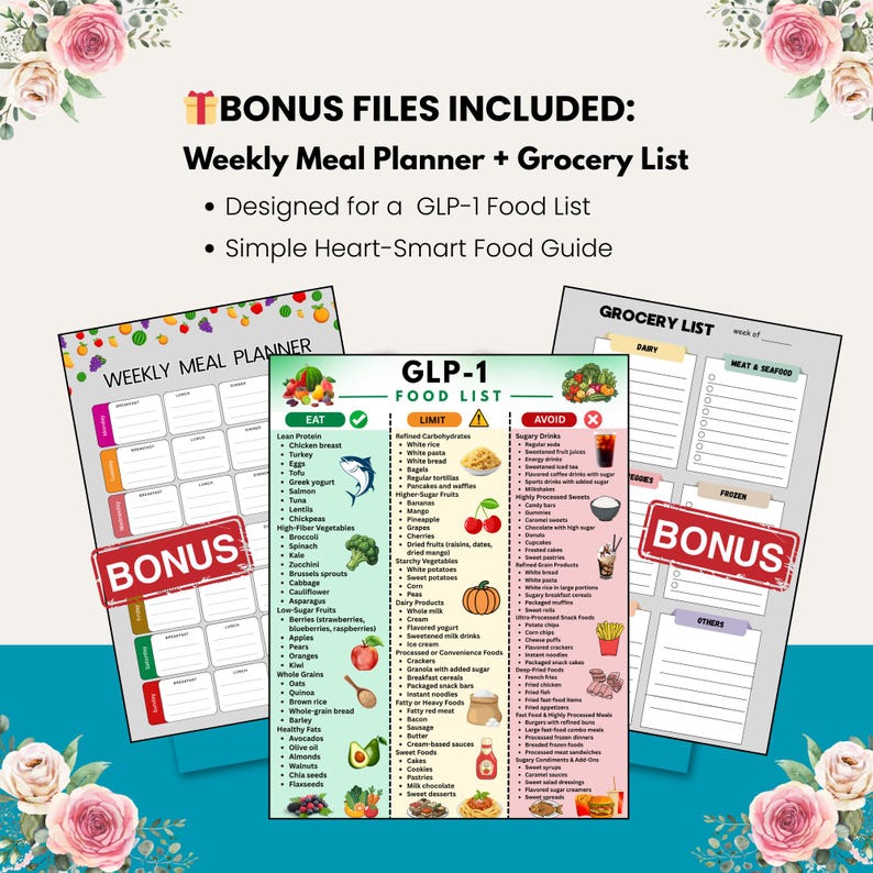May include: Three printable pages: a weekly meal planner, a GLP-1 food list, and a grocery list. The food list categorizes foods to eat, limit, and avoid. The planner and grocery list have space for notes. The text "BONUS" is on a red banner.