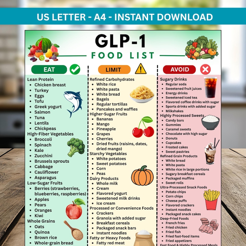 Printable GLP-1 food list chart showing green eat foods, yellow limit foods, and red avoid foods designed for people following a GLP-1 diet plan or GLP-1 weight loss program. This digital GLP-1 guide includes lean proteins, high-fiber vegetables, low sugar fruits, and whole grains. The printable is ideal as a GLP-1 handout, GLP-1 flyer, GLP-1 poster, or kitchen reference for healthy meal planning. Includes bonus weekly meal planner and grocery list to help create a structured GLP-1 meal plan