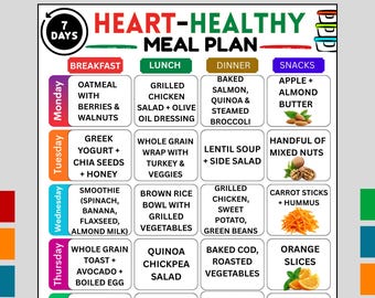 Plan de comidas de 7 días para una dieta saludable para el corazón (PDF imprimible) - Comidas cardíacas bajas en colesterol y sodio - Guía de planificación de menú semanal