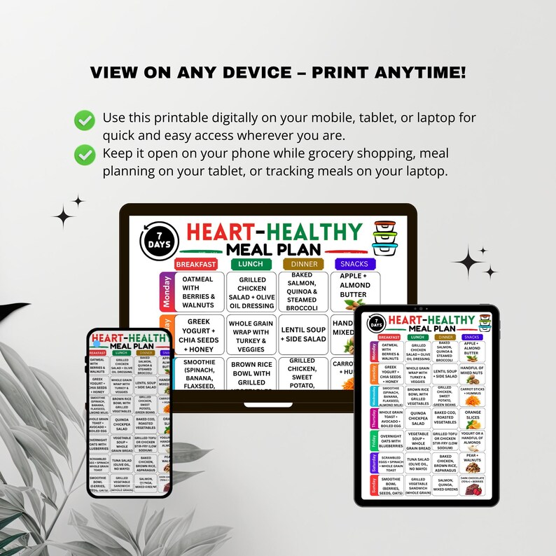 Heart Healthy Diet 7 Day Meal Plan Printable PDF Cardiac Meals Low ...