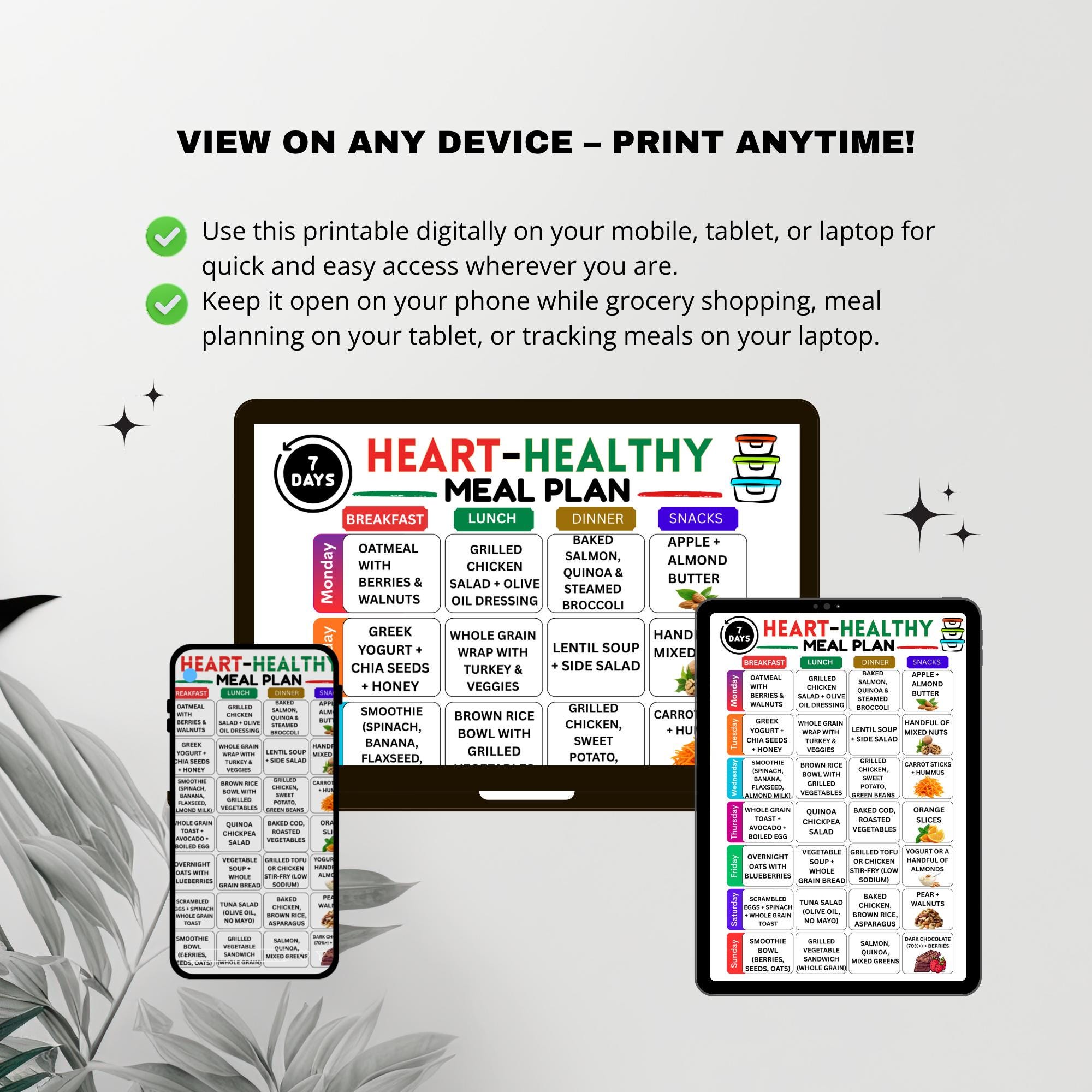 Heart Healthy Diet 7 Day Meal Plan Printable PDF Cardiac Meals Low ...