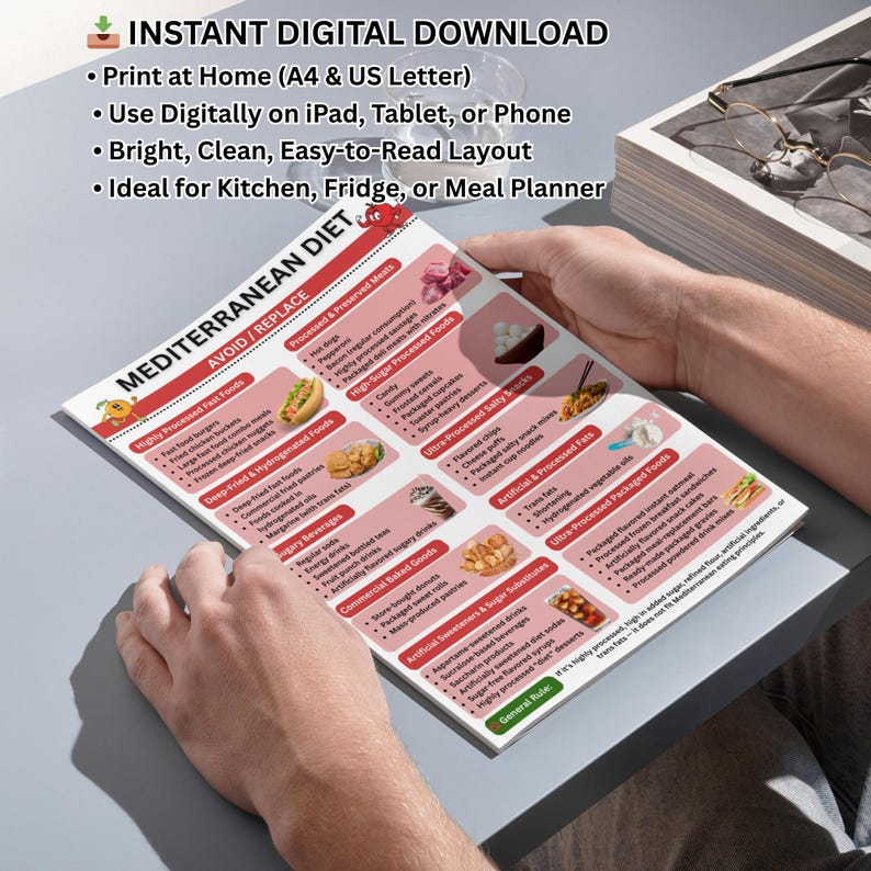 Heart healthy mediterranean diet food list printable wall art featuring mediterranean food prints wall art style layout with easy to read categories for mediterranean meal planning and chronic illness friendly eating.
