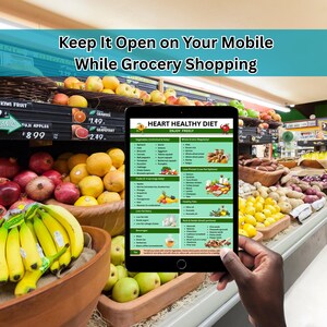 Digital download heart healthy food list printable styled on office desk for nutrition coaching and heart health education.
