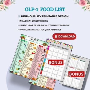 May include: A set of printable documents for meal planning, including a "GLP-1 FOOD LIST" with foods to eat and avoid, a weekly meal planner, and a grocery list. The design is bright and clean, with A4 and US letter sizes available.