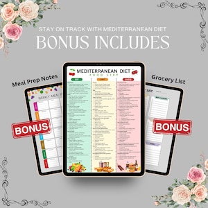 Peut inclure: Trois tablettes num&eacute;riques affichant des listes d'aliments du r&eacute;gime m&eacute;diterran&eacute;en et des notes de pr&eacute;paration des repas. La tablette centrale pr&eacute;sente une liste d&eacute;taill&eacute;e des aliments avec des sections &laquo;&nbsp;Manger&nbsp;&raquo;, &laquo;&nbsp;Limiter&nbsp;&raquo; et &laquo;&nbsp;&Eacute;viter&nbsp;&raquo;. Les autres tablettes comprennent un plan de repas hebdomadaire et une liste d'&eacute;picerie.