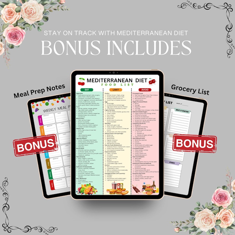 Peut inclure: Trois tablettes num&eacute;riques affichant des listes d'aliments du r&eacute;gime m&eacute;diterran&eacute;en et des notes de pr&eacute;paration des repas. La tablette centrale pr&eacute;sente une liste d&eacute;taill&eacute;e des aliments avec des sections &laquo;&nbsp;Manger&nbsp;&raquo;, &laquo;&nbsp;Limiter&nbsp;&raquo; et &laquo;&nbsp;&Eacute;viter&nbsp;&raquo;. Les autres tablettes comprennent un plan de repas hebdomadaire et une liste d'&eacute;picerie.
