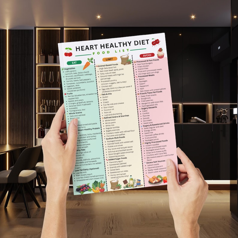 May include: A person holding a colorful "Heart Healthy Diet" food list. The list categorizes foods into "Eat", "Limit", and "Avoid" sections, with illustrations of fruits, vegetables, and other food items.