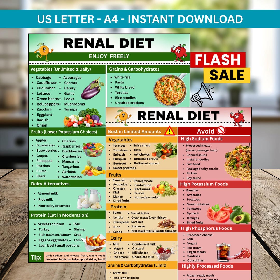 Renal Diet Food Chart Printable, Kidney Food List, Chronic Kidney Disease Foods Guide, Low ...